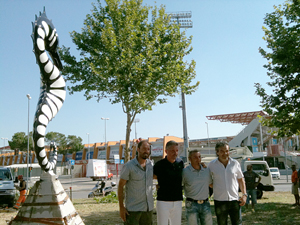 da sinistra: il Presidente del Cesena Igor Campedelli, il Sindaco di Cesena Paolo Lucchi, Loris Camagni e il Vicepresidente bianconero Luca Mancini